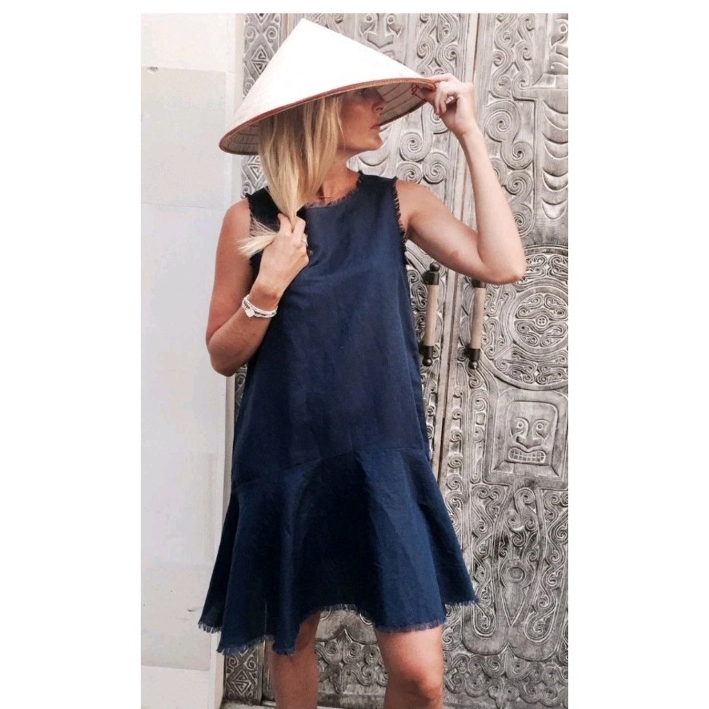 NEW! LJC Designs XS Positono Navy Linen Freyed Hem Sleeveless Dress $168
